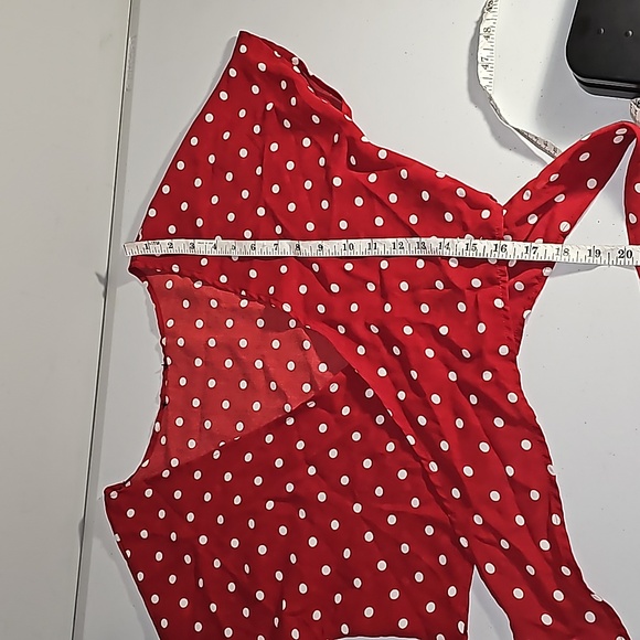 Red White PolkaDot Tie Front Crop Top Retro Flirty Sleeves Versatile - Picture 9 of 11